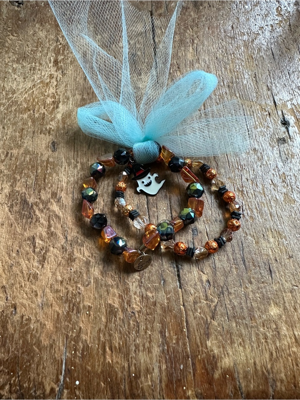 Ermish Halloween Orange and Black Beaded Stretch Bracelet Set with Ghost Charm